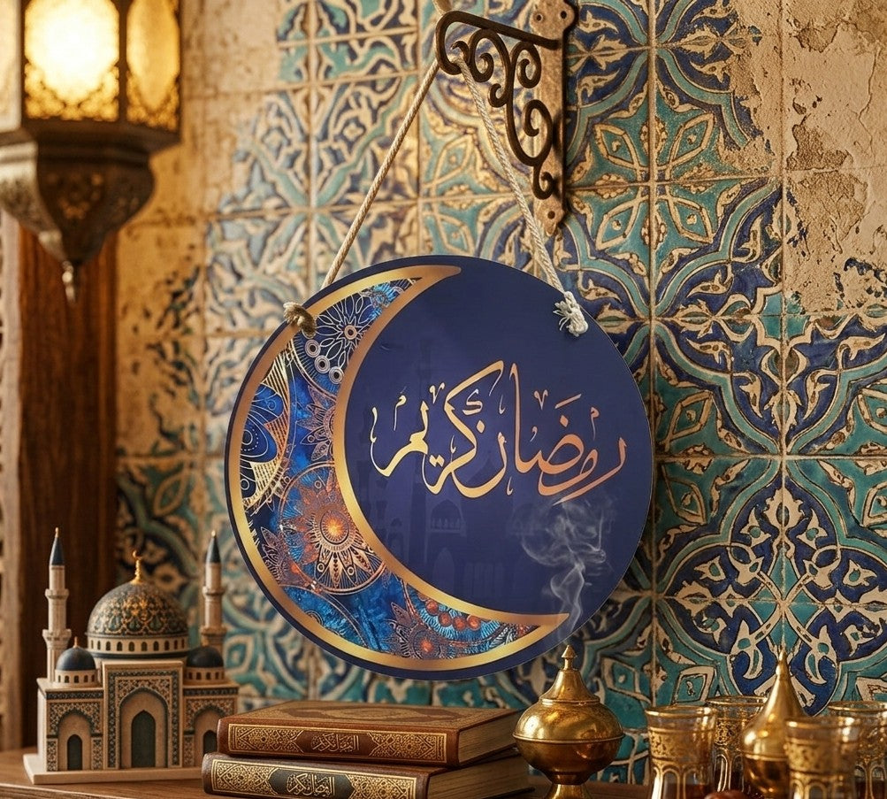 Ramadan Kareem hanging décor measuring 19.7 × 19.7 cm available in two colors for festive home decoration