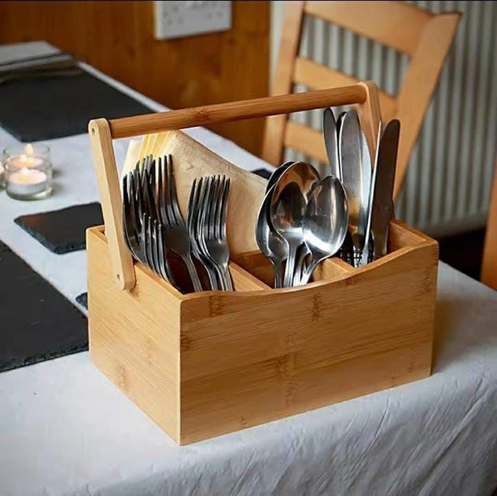 Portable Bamboo Cutlery Organizer With Handle
