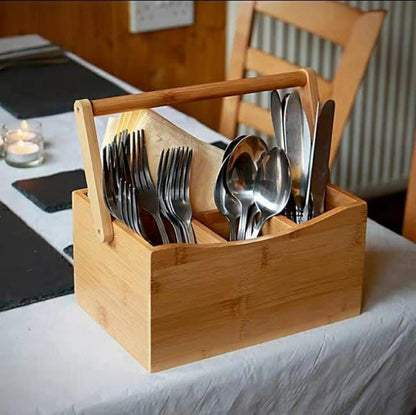 Portable Bamboo Cutlery Organizer With Handle