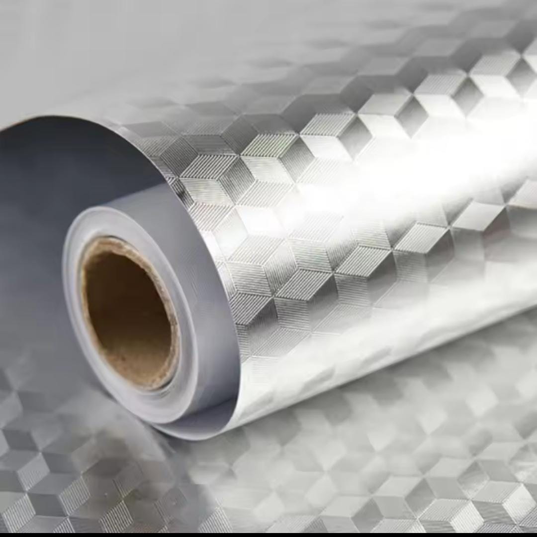 Silver aluminum foil table top liner, oil and waterproof, self-sticking, 60cm x 500cm
