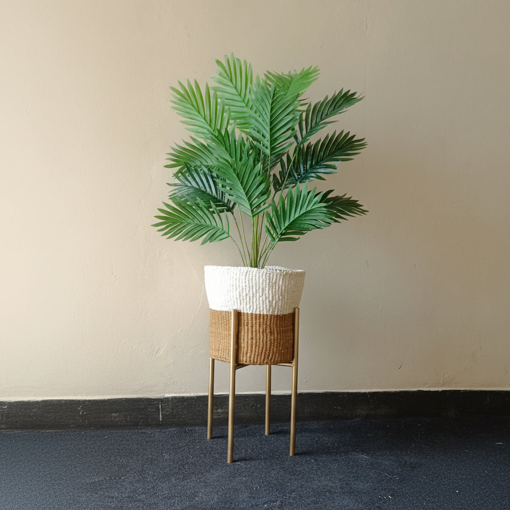 Artificial Palm Tree with Woven Basket, Metallic Stand, and Pebbles
