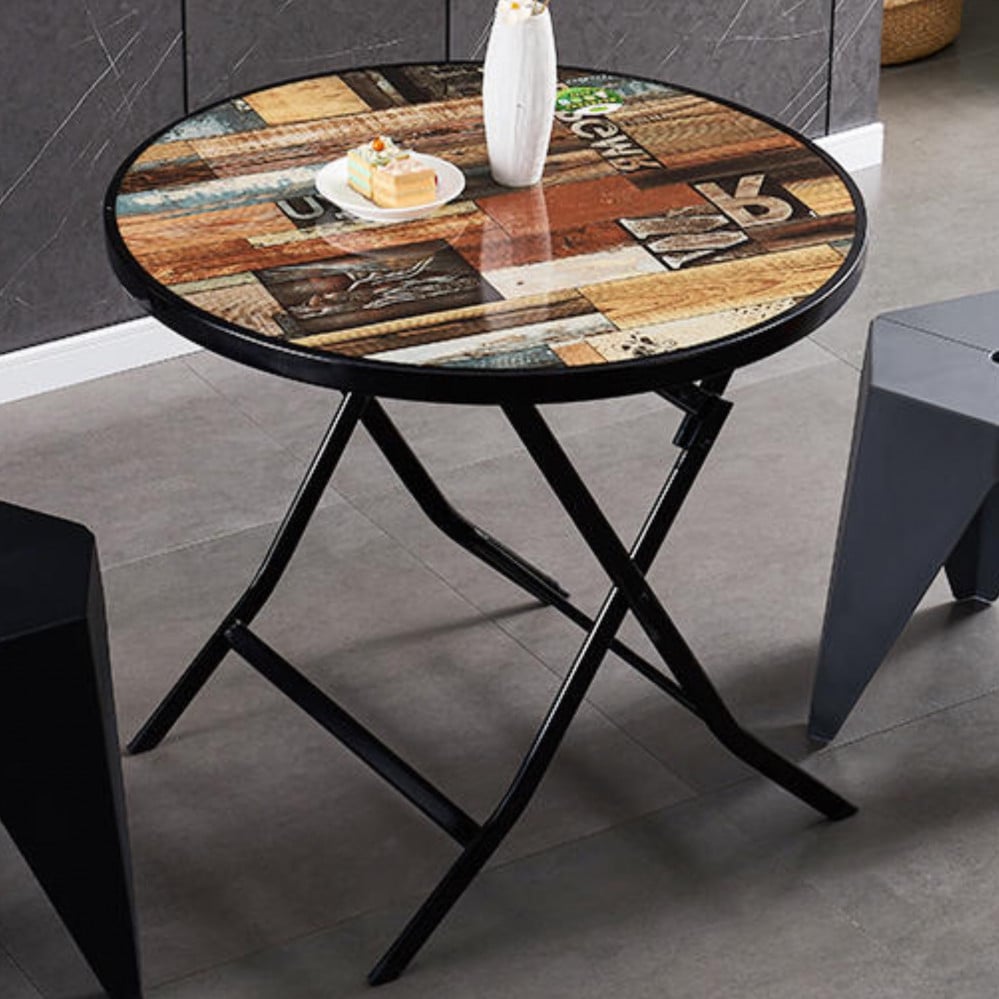 Round foldable wooden dining table suitable for indoor and outdoor use, 80cm wide and 75cm high