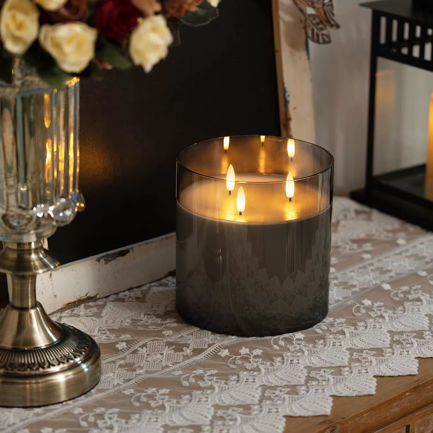 Luxury LED candle dark grey and clear 15x15cm