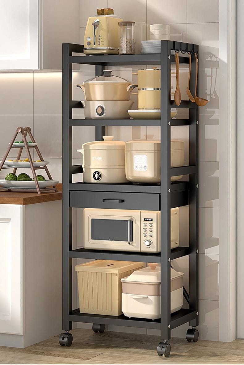 Five tier metallic kitchen rack with drawer and lockable wheels