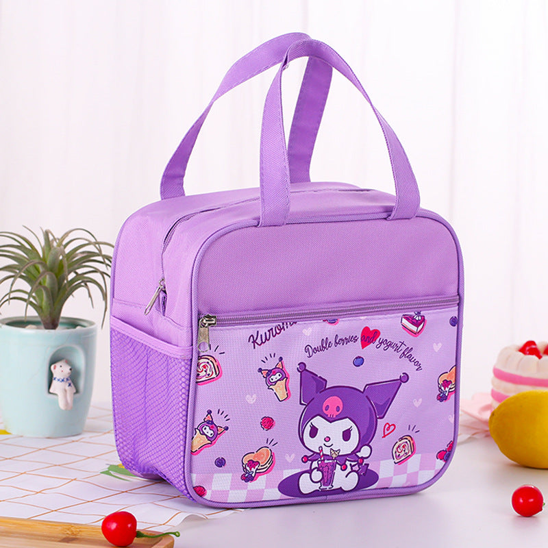 Cartoon themed insulated lunch bag suitable for kids and adults with Kuromi, Cinnamoroll, and My Melody designs