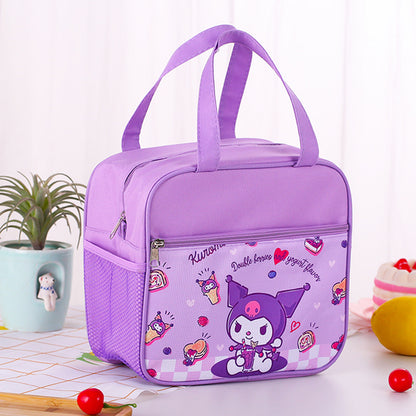 Cartoon themed insulated lunch bag suitable for kids and adults with Kuromi, Cinnamoroll, and My Melody designs