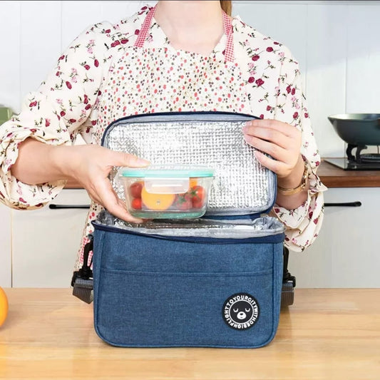 Large capacity insulated lunch bag with shoulder strap for keeping food fresh at school, work, or picnics