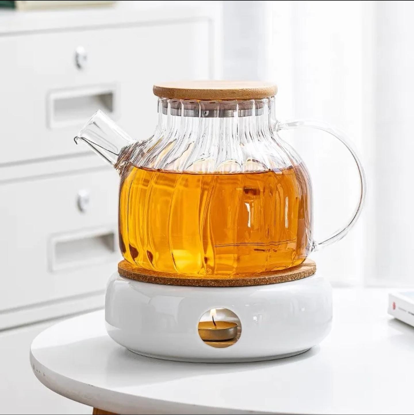 High Borosilicate Ribbed Glass Teapot