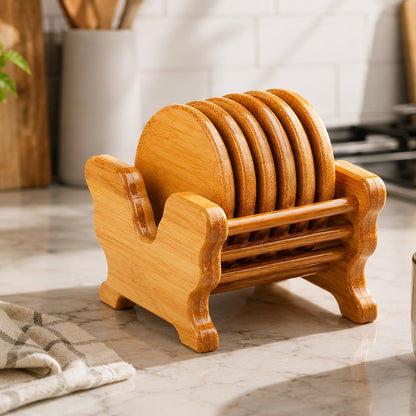Bamboo coaster set with holder stand for protecting tables from drink stains and heat