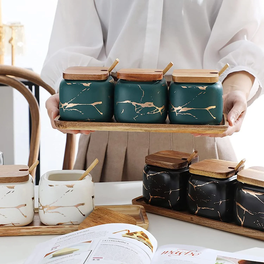 10in1 Ceramic Jars with Wooden Tray, Lids & Spoons