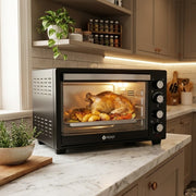 Nunix electric oven with rotisserie function, temperature control, timer, and baking accessories for versatile home cooking.**