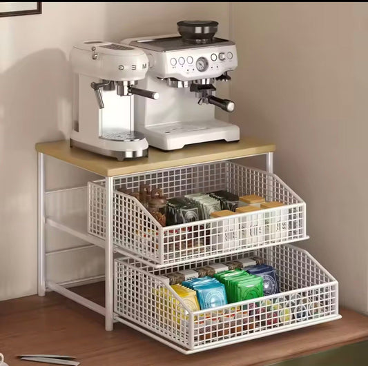 Multi-layer kitchen countertop storage rack with drawers and metal baskets