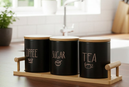 Set of 3 airtight porcelain kitchen canisters with bamboo lids 500ml each for tea coffee and sugar storage