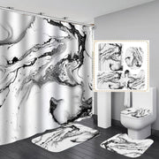White and grey marble effect 4-piece bathroom set with shower curtain, rugs, and toilet cover