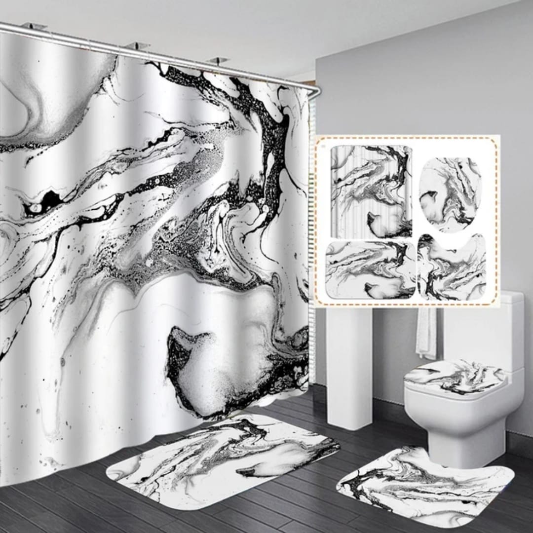 White and grey marble effect 4-piece bathroom set with shower curtain, rugs, and toilet cover