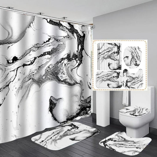 White and grey marble effect 4-piece bathroom set with shower curtain, rugs, and toilet cover