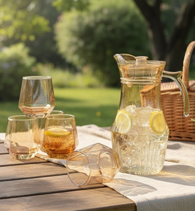 7 piece gold water set with 6 glasses and 1.8 litre serving jar