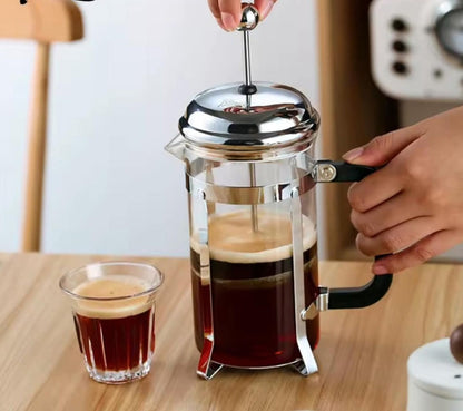 850ml French press coffee maker with clear glass body and stainless steel lid