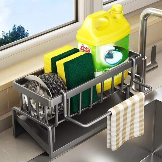 Multifunctional sink caddy with water-draining tray for sponge and detergent storage