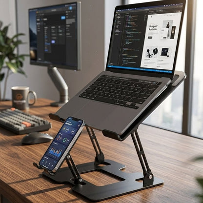 Adjustable laptop stand with integrated phone holder, foldable design, and ergonomic height adjustment for comfortable multitasking.
