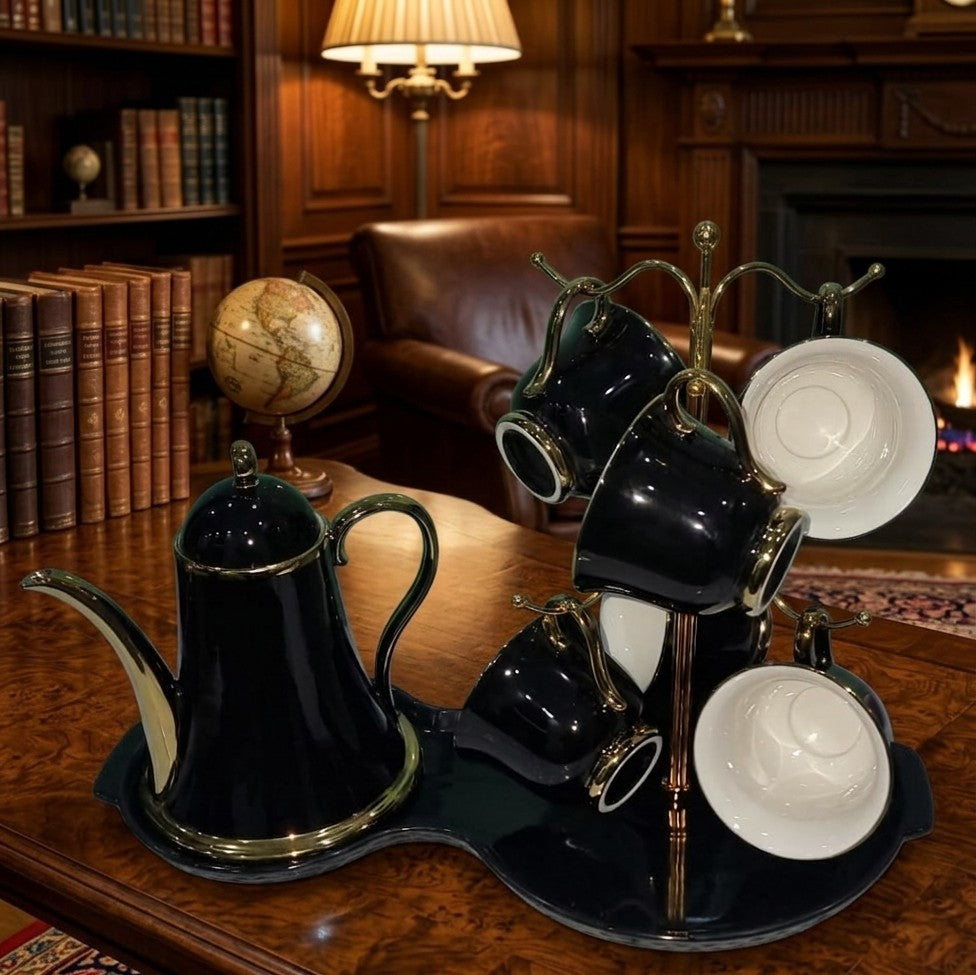 Ceramic 9pc Tea Set with Cup Stand Kettle and Tray