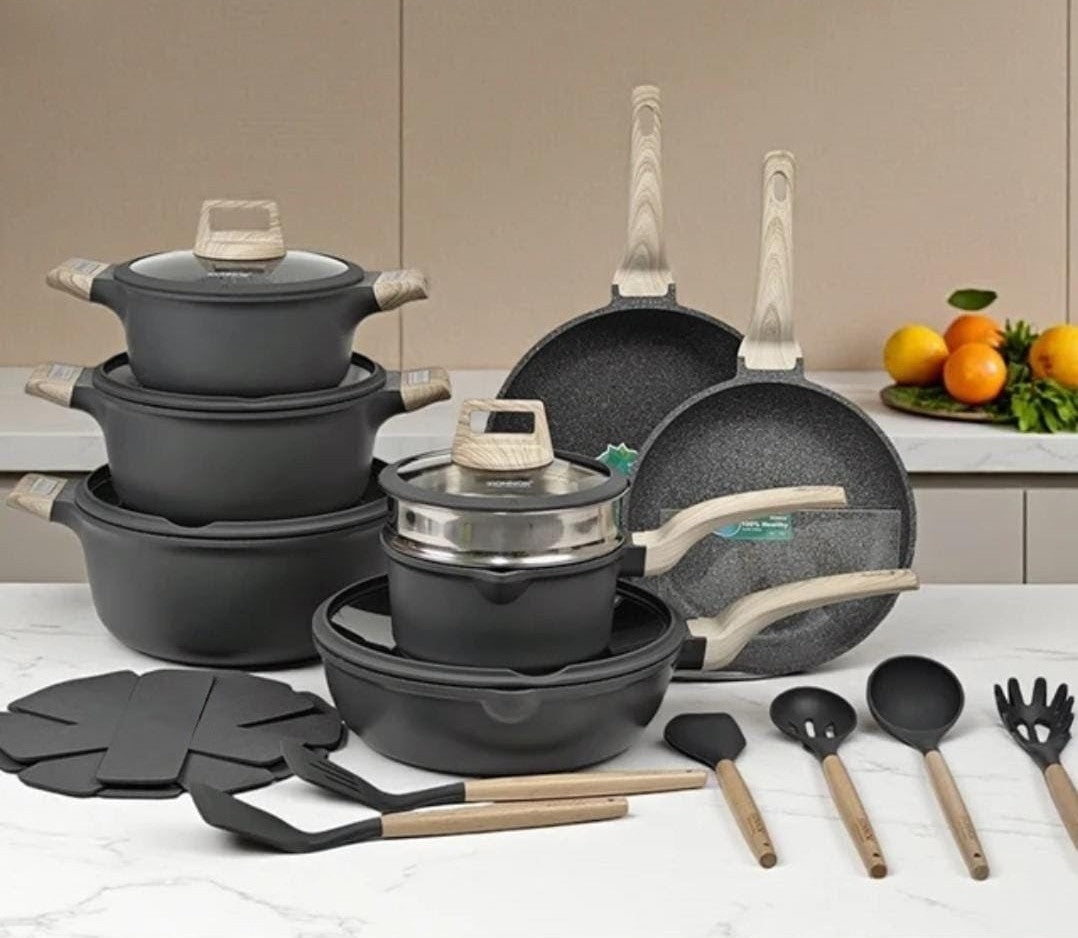22-piece granite nonstick cookware set with casseroles, frying pans, saucepan, silicone utensils, and pot protectors in grey finish