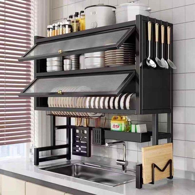 85 cm double over the sink rack with glass acrylic cover for kitchen organization.
