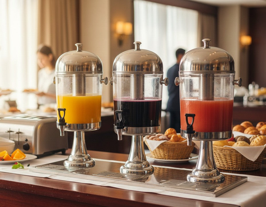 Triple acrylic juice dispenser with stainless steel stand and covers for serving multiple beverages