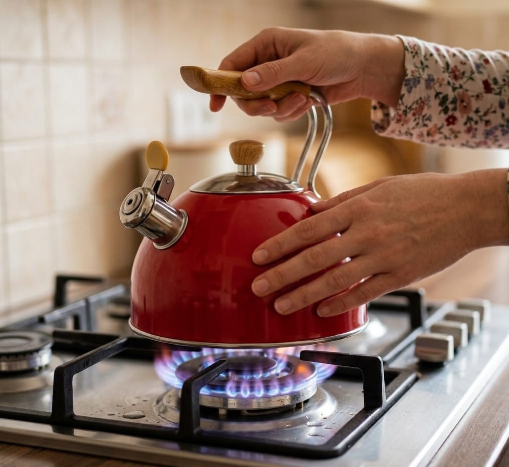 2.5 L retro stainless steel whistling kettle with wood grain handle, suitable for gas and induction cooking. 
