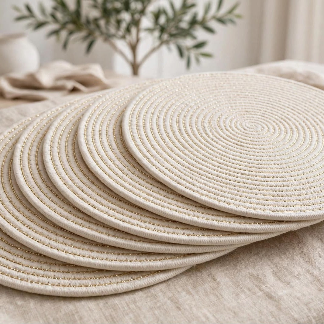 6 Piece Spiral Woven Cotton Rope Mats with Silver Shimmer