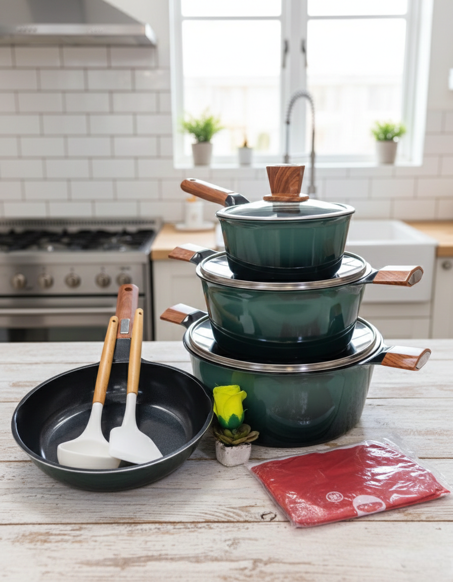 10-piece Granite cookware set with casseroles, glass lids, serving spoons, and apron in green and cream