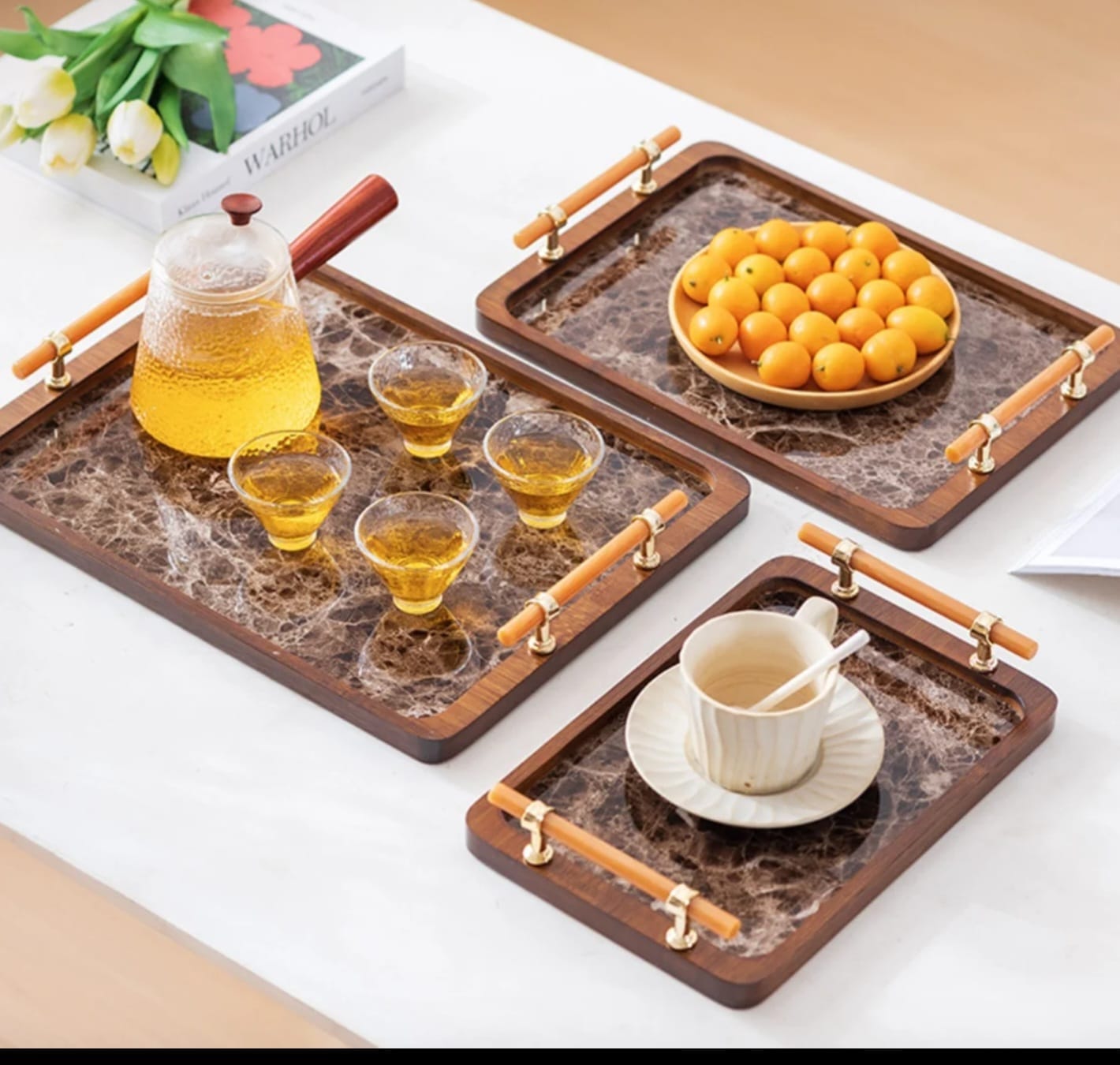 3Pc Bamboo Nesting Serving Tray Set with Grey Handles