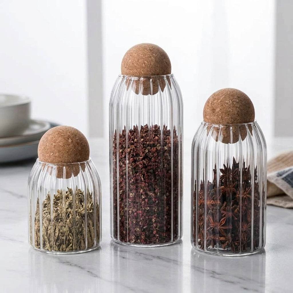Three piece glass spice jar set with bamboo lids in 1000 ml, 800 ml, and 500 ml capacities for kitchen storage.