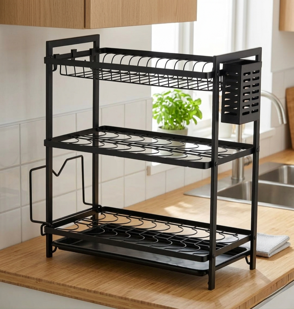 Black 3 layer advanced dish rack for kitchen dish drying and countertop organization