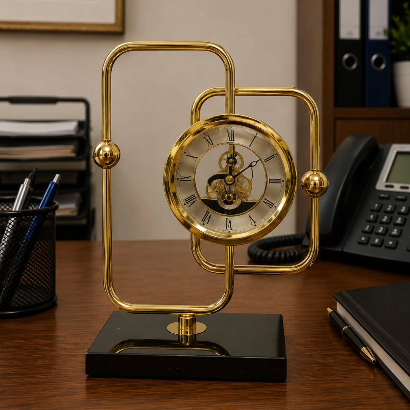 Gold Brass Desktop Clock with Marble Base