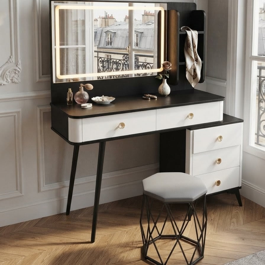 Modern black and white dressing table with an LED illuminated mirror, multiple storage drawers, open shelves, and a matching padded stool.