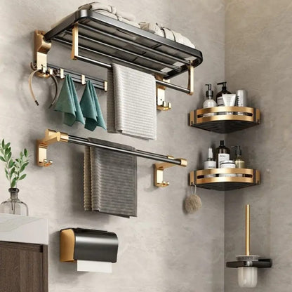 7-piece gold aluminum bathroom towel and accessory storage rack set.