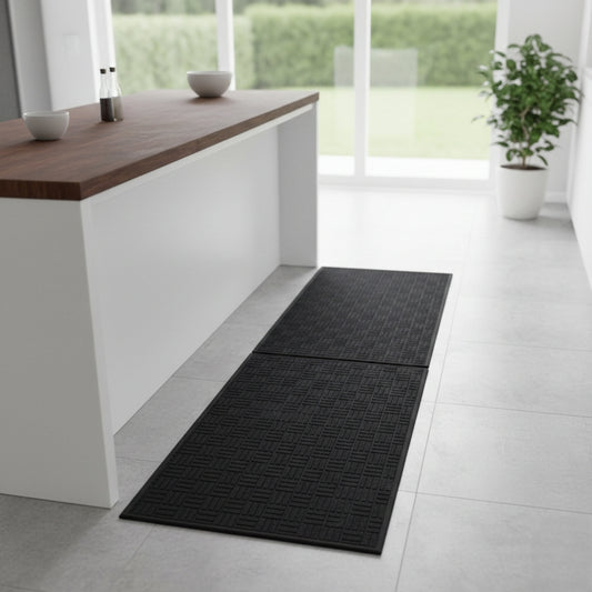 Two-piece thickened absorbent kitchen mats with anti-slip rubber backing in modern patterns and colors.