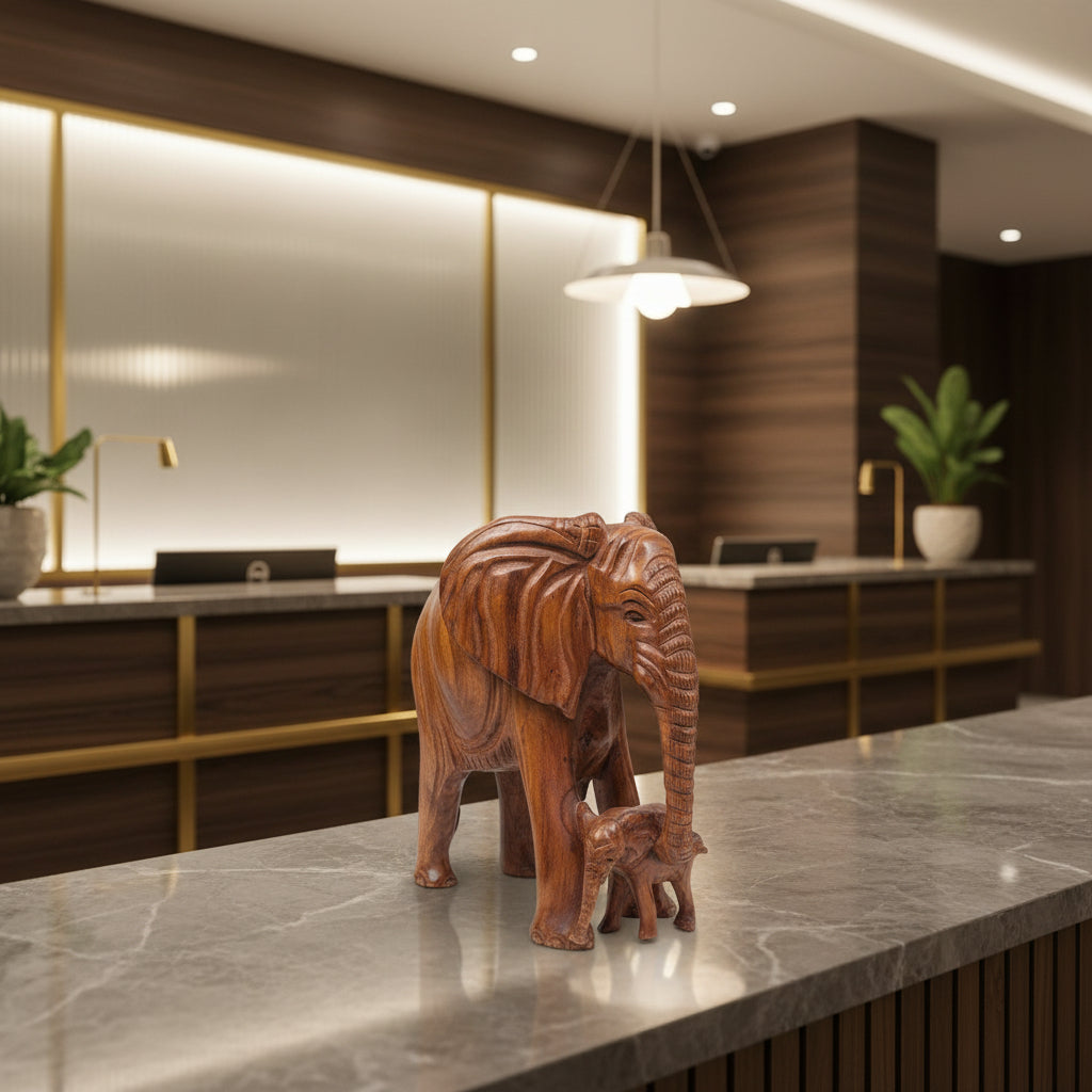 32 cm Wooden Elephant and Calf Carving