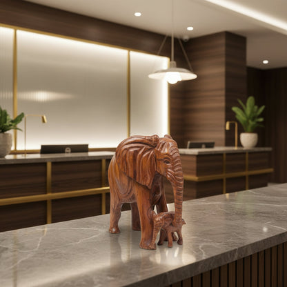 32 cm Wooden Elephant and Calf Carving