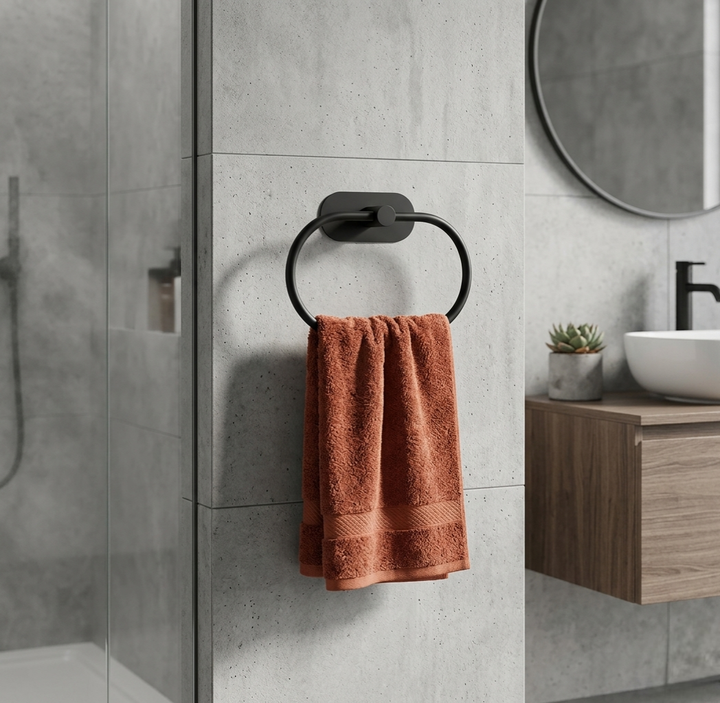 Black adhesive towel ring holder for bathroom and kitchen towel organization without drilling