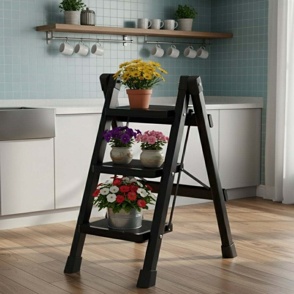 3-Step Black Foldable Ladder