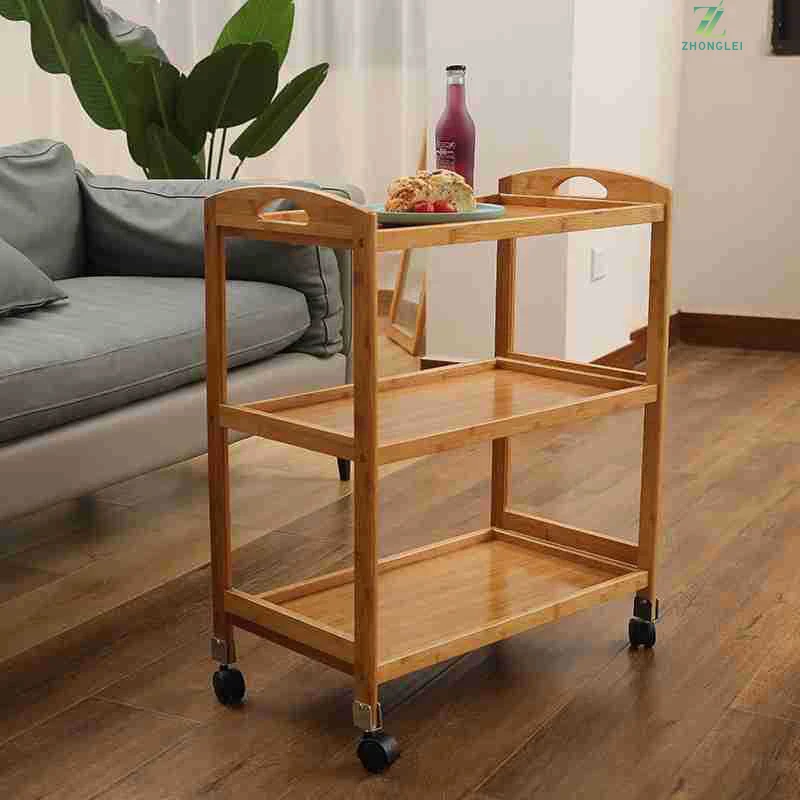 Bamboo 3 Tier Rolling Utility Cart