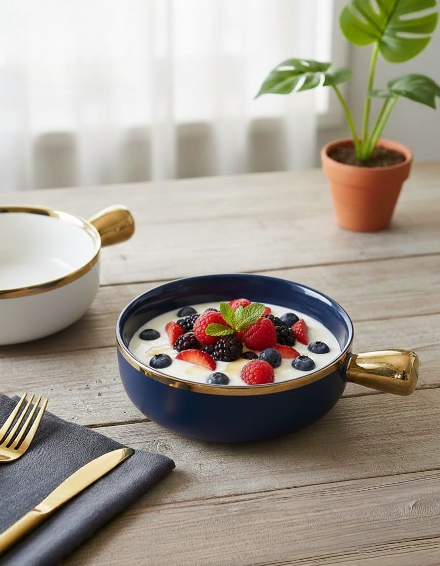 Porcelain snack bowl with handle for serving snacks and sauces