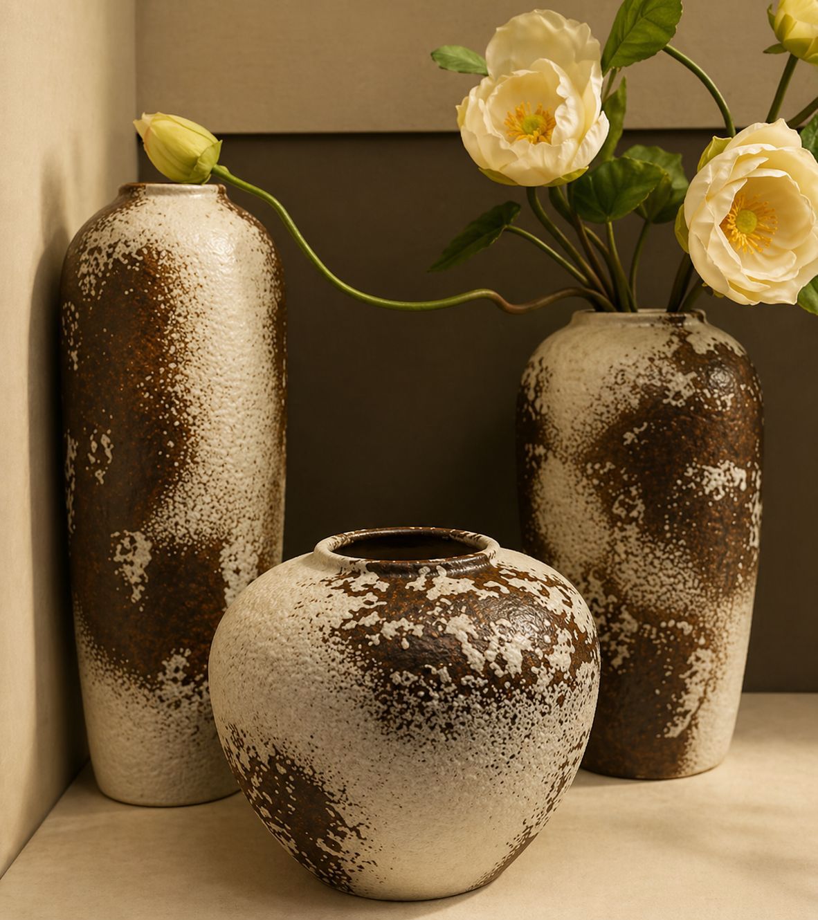 Rustic brown textured 3 piece vase set for warm earthy home décor