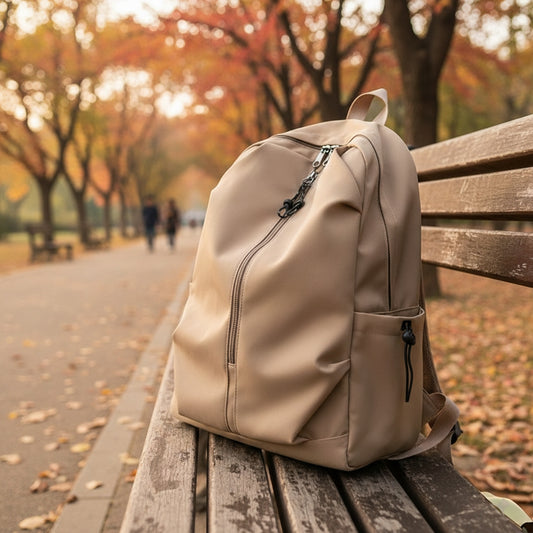 Oxford material laptop backpack in beige, black, and white colors.