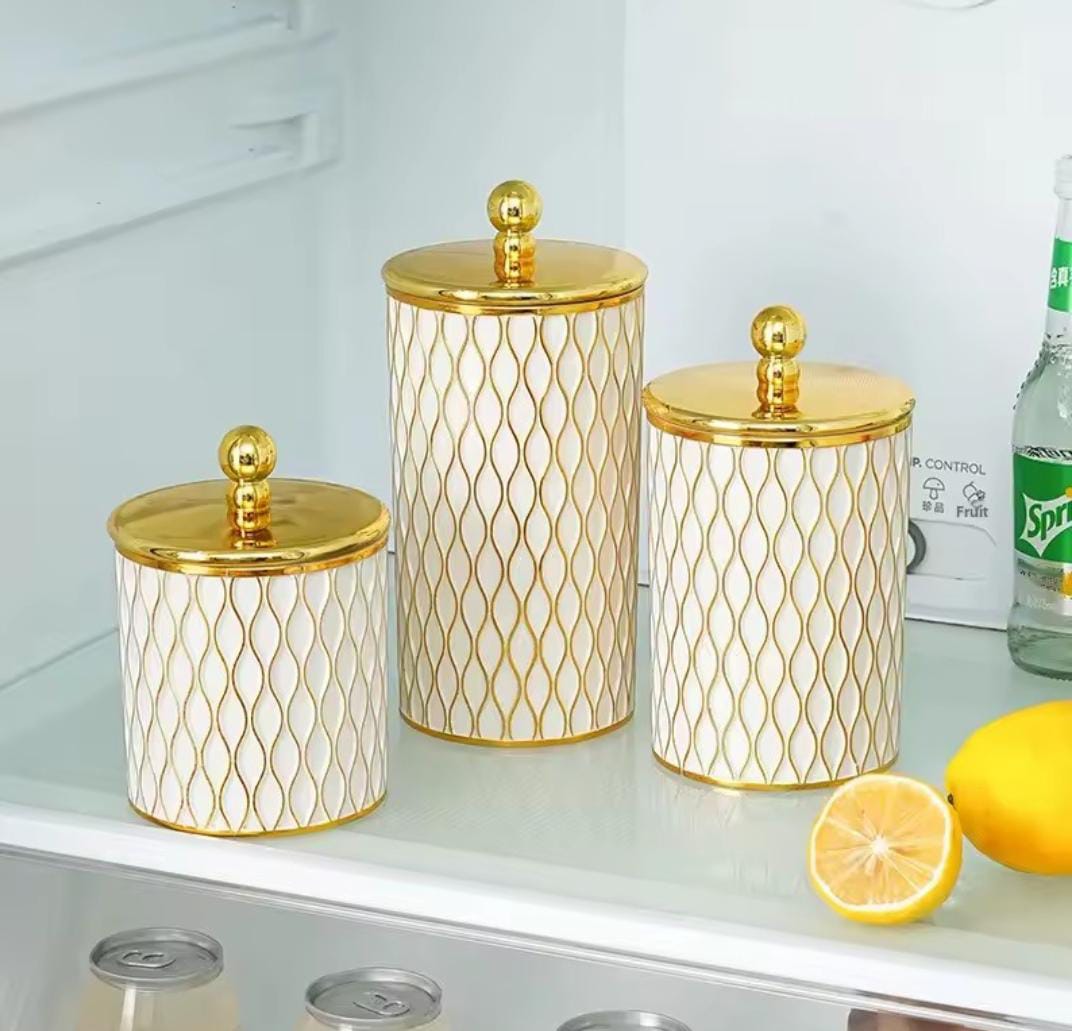 3 Piece transparent acrylic storage jars with gold line design in round shape for organized storage