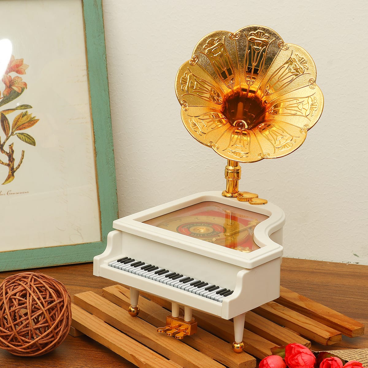 Piano-style music box with phonograph horn