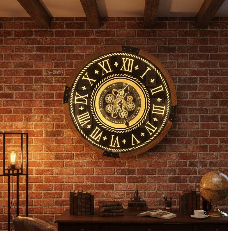 Rustic wooden wall clock with functional iron gears and LED lighting, remote controlled modern décor piece