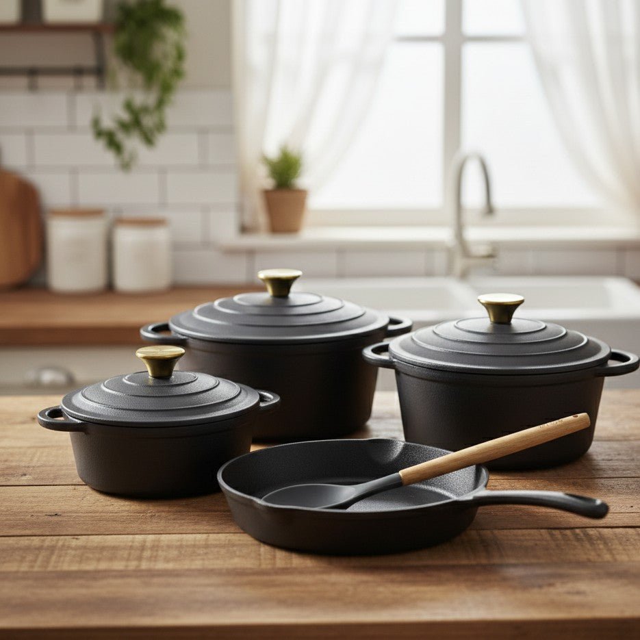 7pcs enamel cast iron cooking pot set with silicone spoon